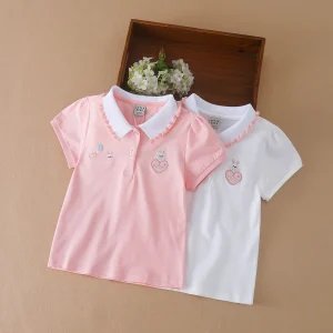 3-12 Age Girls Polo Summer Children Short Sleeve T-shirts 2024 New Kids Turn Down Collar Clothing Baby Cotton Tops