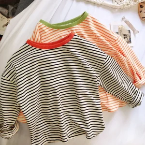 Boys and Girls T-shirt Long Sleeved Children's Base Shirt Spring and Autumn Pure Cotton Casual Versatile Striped Baby Top