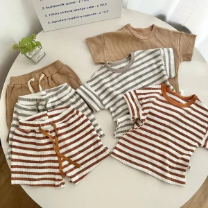 TZ2408 Summer Casual Set for Infants Boys Girls Baby Short Sleeve Shorts Houndstooth round Neck Striped Two-Piece Suit