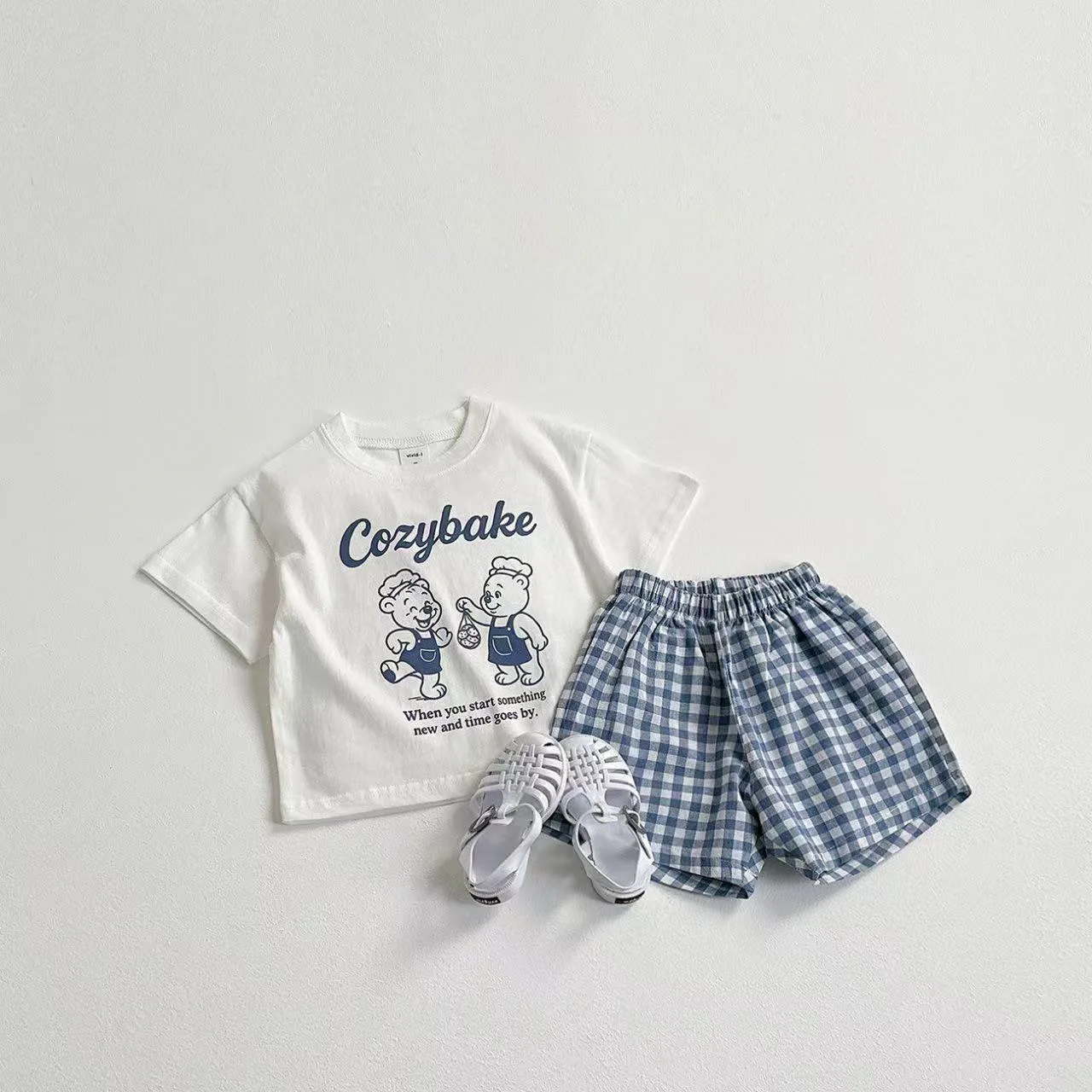 Print Tshirt Plaid Shorts 2Piece Set Summer Costume Boys Girls Baby Loose White Tees All-match Shorts New Child Trendy Outfits - Image 3