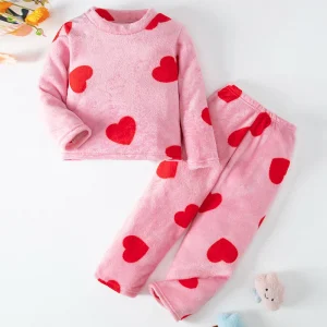 2-piece Children's Autumn/Winter Flannel Fashion Print Set Girls' Heart Warming Round Neck Top T-shirt Boys' Soft Fleece Pants