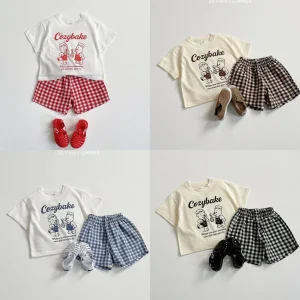 Print Tshirt Plaid Shorts 2Piece Set Summer Costume Boys Girls Baby Loose White Tees All-match Shorts New Child Trendy Outfits