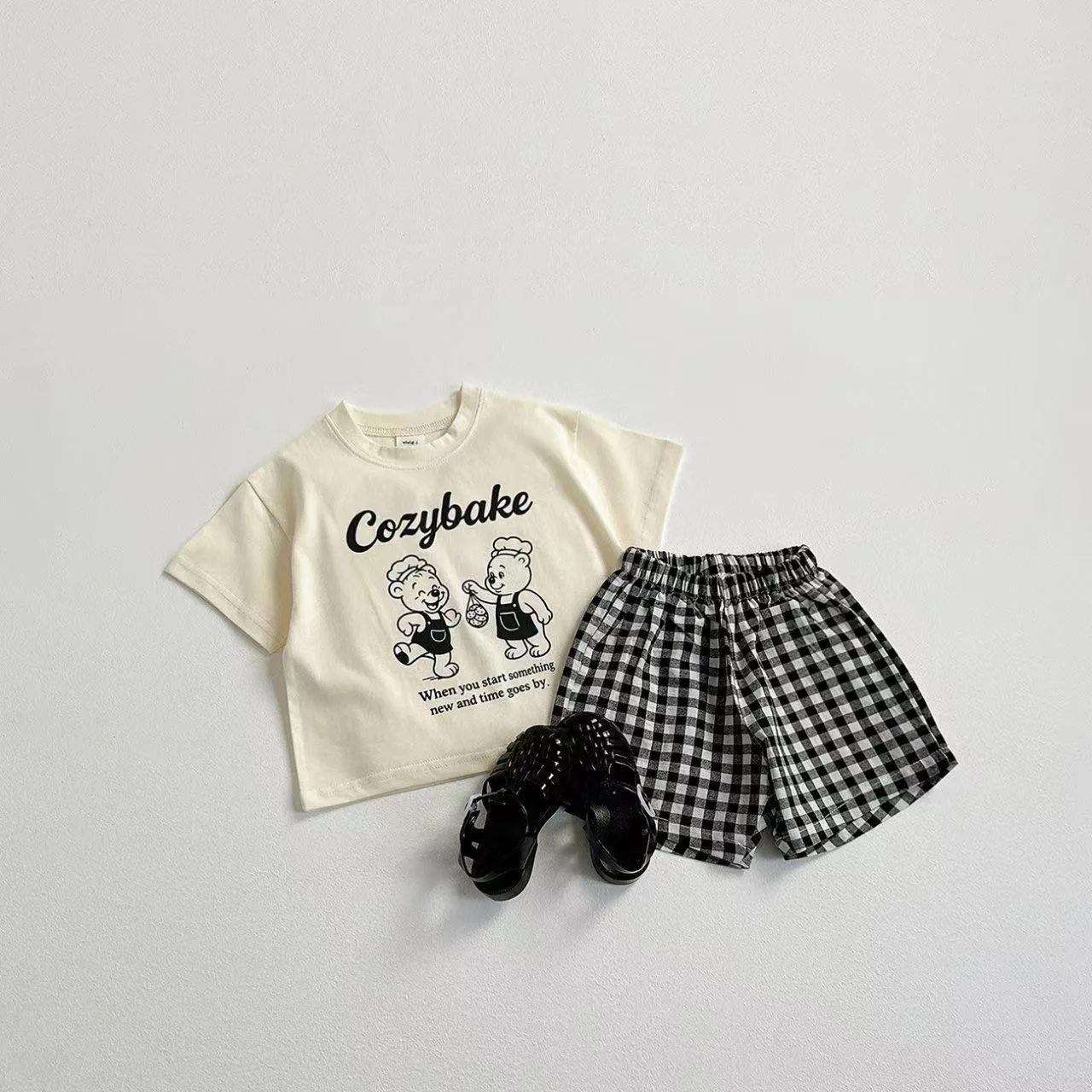Print Tshirt Plaid Shorts 2Piece Set Summer Costume Boys Girls Baby Loose White Tees All-match Shorts New Child Trendy Outfits - Image 5