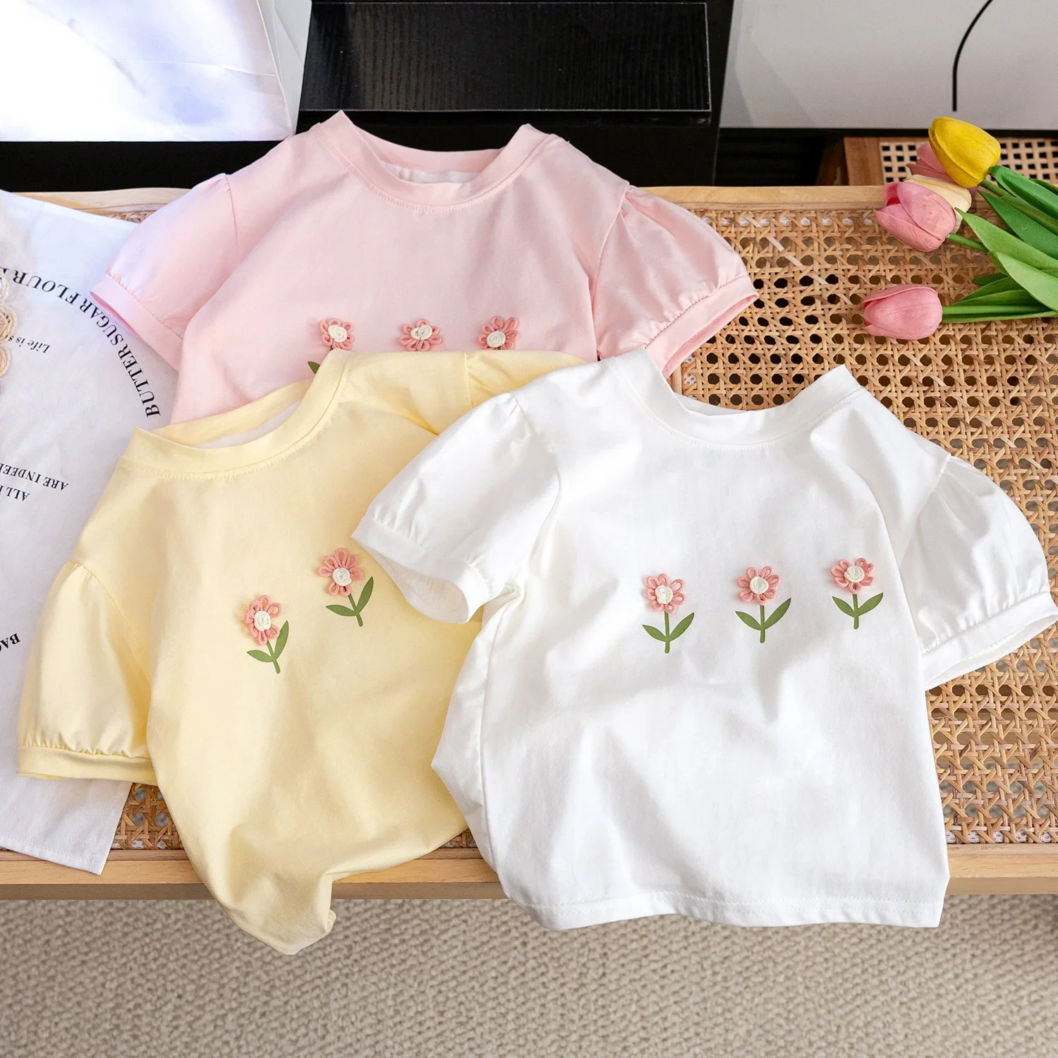 Solo Leveling Girls Short-sleeved Summer Cotton Cute Baby Girl Stylish Three-dimensional Flower Children's T-shirt Clothes