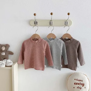 Children's autumn and winter striped semi-high collar long sleeve base shirt, male and female baby autumn and winter striped bas