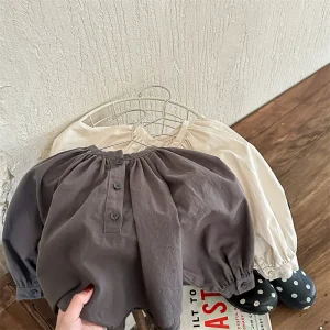 deer jonmi 2023 Spring Korean Style Baby Girls Bat Sleeve Loose Shirts Solid Color Tops Casual Cotton Children Blouses