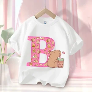 Summer Capibara Anime Letter A-Z Cute Printed Children's T-shirt Girls Short Sleeve Cotton Fashion Tops Kids Clothes Casual Tees